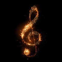 radiant treble clef composed of glowing golden music notes and spark-like effects stands out against a black background, symbolizing the energy and beauty of music