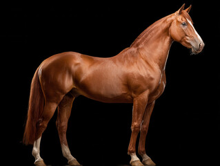 sleek chestnut horse with a white blaze and white socks stands tall and poised against a black backdrop, showcasing its muscular build and graceful form