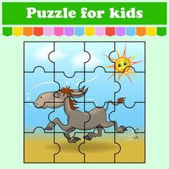 Fototapeta premium Puzzle game for kids. Princess Frog. Education worksheet. Color activity page. Riddle for preschool. Isolated vector illustration. Cartoon style.