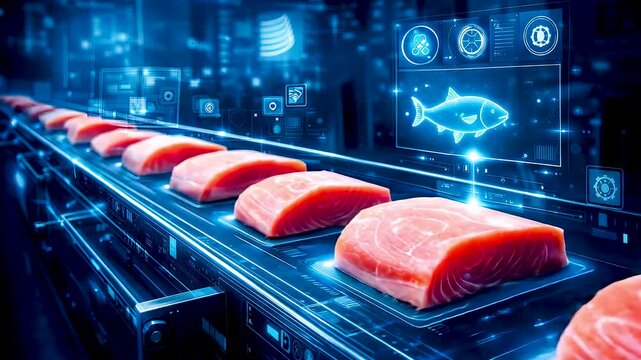 Automated Seafood Factory Conveyor with Fresh Salmon Fillets Under Digital Quality Monitoring and Food Safety Systems Operations Standards