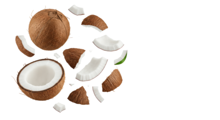 Whole and broken coconuts with fresh white meat, vibrant palm leaves suspended dynamically on a transparent studio background with copy space, concept for tropical refreshment advertising