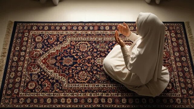 Woman praying on decorative rug indoor overhead view