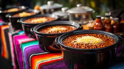 A vibrant food display features several black slow cookers filled with chili and topped with shredded cheese, set on a colorful patterned cloth