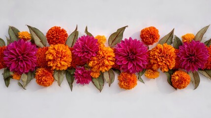 A vibrant horizontal floral arrangement features bold magenta and orange blooms interspersed with green foliage against a white backdrop. The composition is bright