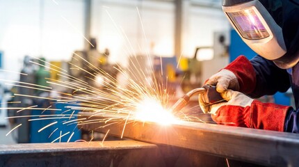 Skilled worker performing precision welding on metal components in an industrial workshop