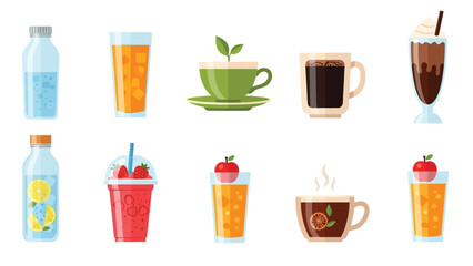 Collection of ten diverse beverage icons showing sparkling water iced tea hot coffee green tea fruit smoothie chocolate milkshake and apple juice illustrations