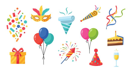 Collection of colorful flat design vector icons representing various party decorations and celebratory elements for birthdays and carnivals