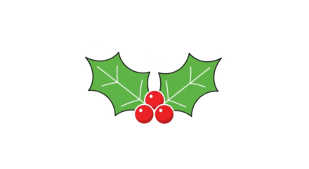 Two green holly leaves with white veins and three red berries isolated on a transparent background image