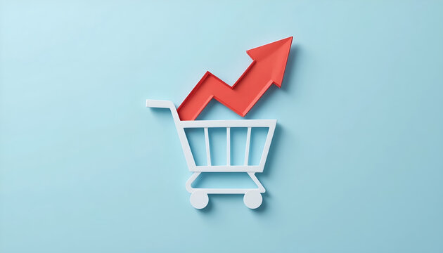 Rising inflation and consumer price index increase concept with red upward arrow and shopping cart for retail business news article