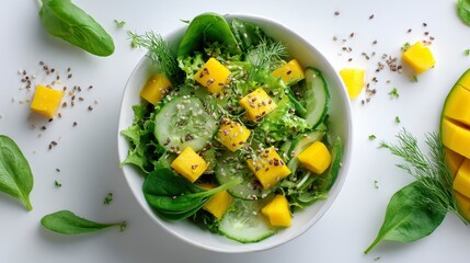 A vibrant salad bowl on a white surface, featuring fresh greens, diced yellow fruit, sliced cucumber, and seeds. The vibrant colors evoke freshness