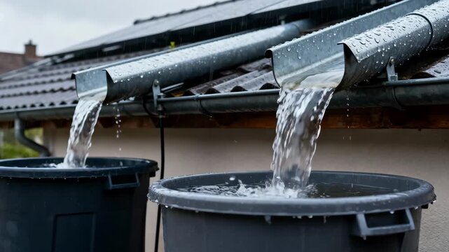 Medium shot capturing rooftop gutters channeling rainwater into collection containers highlighting efficient harvesting in urban home environments