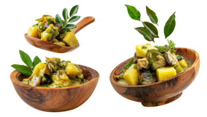 Fijian chicken curry with potatoes, turmeric and herbs in wooden bowl isolated on white background. Concept of Asian cuisine
