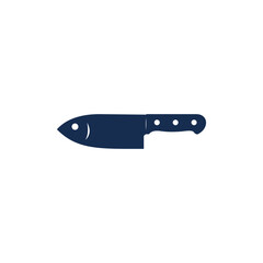 Illustration of a minimalist chef's knife with its tip resembling a fish head in a dark blue flat vector style isolated on a white background