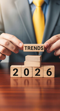 Image of wooden blocks showing 2026 and "TRENDS", held by hand, concept representing trend forecast, business analysis, future vision, forecast for 2026