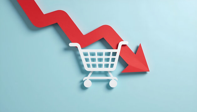 Decreasing consumer spending and retail sales recession concept with red downward arrow and shopping cart for financial news blog header