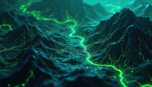 Dark mountainous terrain with glowing green lines forming a network. Digital pathways illuminate valleys and peaks, suggesting data flow or energy transfer across a landscape. - Powered by Adobe