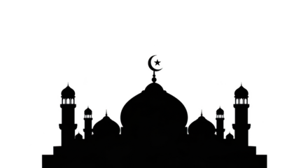 White outline of Islamic mosque with domes and minarets on background isolated on a transparent background