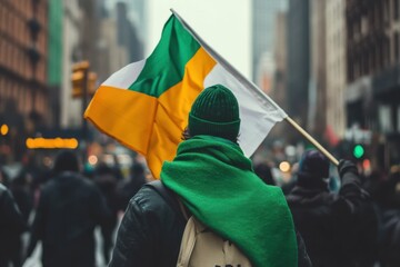 A person holds a colorful flag while walking in a city crowd. A person in green attire proudly holds a colorful flag with green, white, and orange stripes in a bustling urban environment.