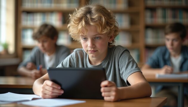 Student focuses on tablet screen in library. Other students study at desks. Classroom learning with digital devices. Teenager uses tech for schoolwork. Educational content on tablet. - Powered by Adobe