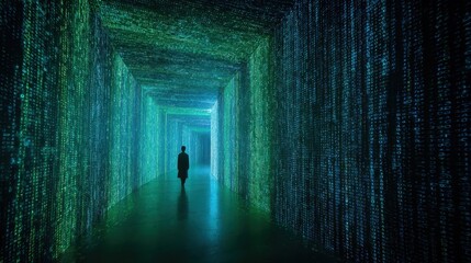 A man standing in a tunnel of data
