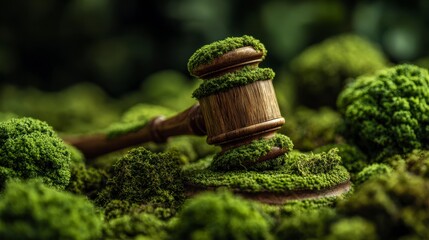 A wooden gavel, covered in vibrant green moss, rests amidst a lush, verdant backdrop of more mossy terrain