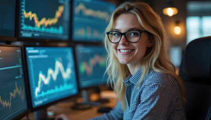 Woman smiles near trading platform. She looks on stock market data at multiple monitors. Female trader works with graph charts at office. Businesswoman analyzes digital investments, financial reports.