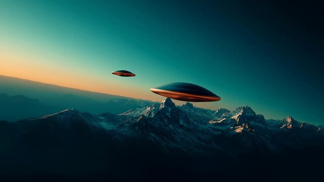 Two flying objects move across the sky above a mountain range during sunset. The view shows the mountains and the colorful sky in the background
