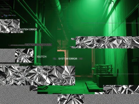 Glitch art over a neon green industrial scene, showing digital corruption, static noise, crumpled metallic textures, and "SYSTEM ERROR" text.