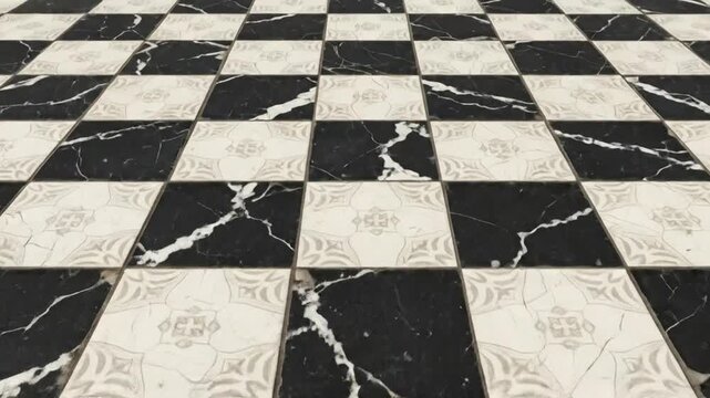 Close up of a checkerboard pattern with a decorative floral design