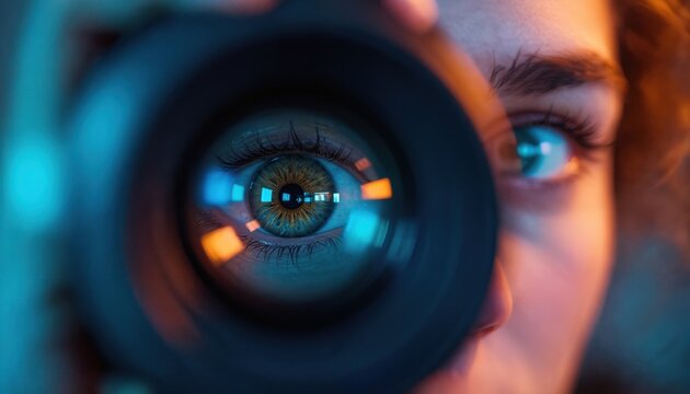 Female looks through camera lens. Eyes sees through photo equipment and is illuminated with light. Creative concept of shooting photography. Visual perception art and new tech.