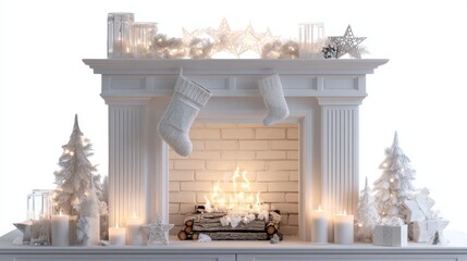 A beautifully decorated white fireplace adorned with festive stockings and shimmering lights. Ideal for holiday gatherings and cozy winter moments. Generative AI
