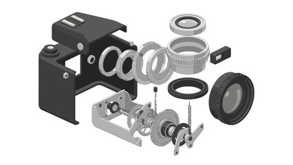Exploded view of a camera showing its internal components.