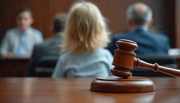 Judge gavel on table in courtroom. Child custody battle and legal separation concept. Kids in divorce court face parental rights. Advocates for children. Protecting kids well being.