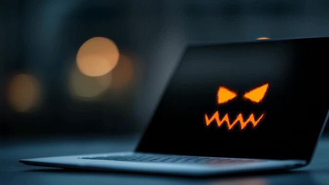 A laptop sits on a table in a dark room. The screen displays a spooky face made of orange light. The background lights create a blurred effect. This happens at night