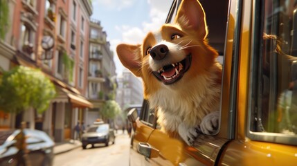 A pet dog enjoys a fun car ride, sticking his head out of the window and admiring the beautiful view of the street.