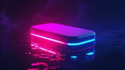 A futuristic glowing device emerges from a misty background. Vibrant pink and blue lights reflect off the water. It symbolizes technology and innovation. Generative AI