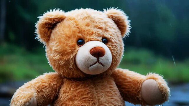 Cute teddy bear standing alone in nature with sad expression.