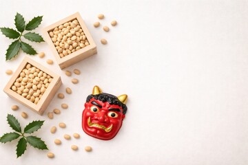 節分の豆まきと鬼のお面 日本の伝統行事 背景素材/Setsubun Festival Soybeans and Oni Mask Japanese Tradition