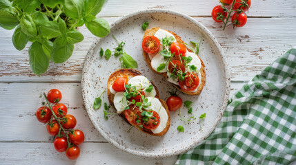 Fresh Bruschetta Delight: An overhead shot showcases the artful arrangement of bruschetta, where toasted bread is generously adorned with fresh mozzarella, vibrant cherry tomatoes.