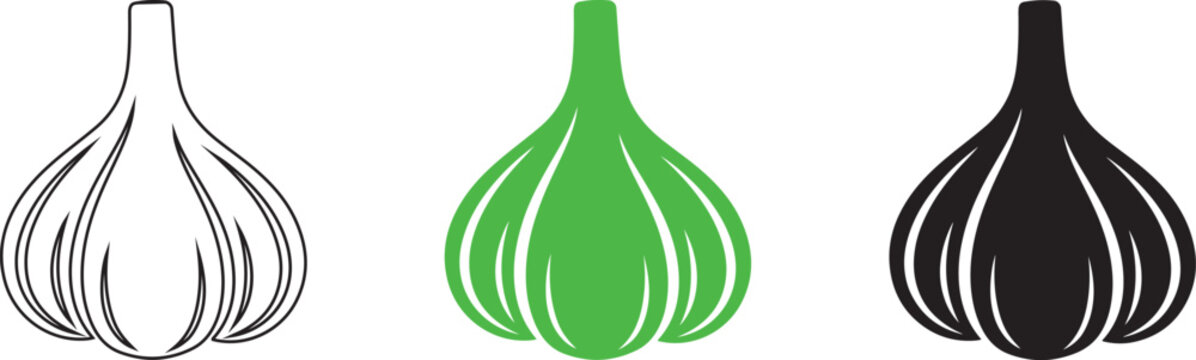 Set of garlic bulb icons in white green and black colors