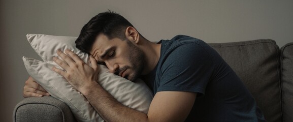 Man seated on a couch embracing a pillow thinking about problems. Deep in thought, emotions like stress, sadness, or exhaustion. Loneliness concept