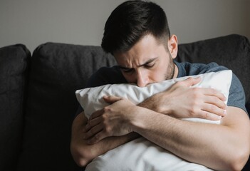 Man seated on a couch embracing a pillow thinking about problems. Deep in thought, emotions like stress, sadness, or exhaustion. Loneliness concept