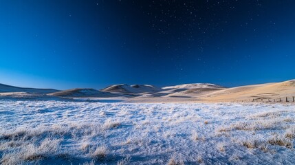 A stunning panoramic view of a serene winter landscape features soft white snow on rolling hills. The starry night sky adds a magical touch. Generative AI