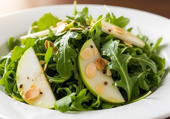 Fresh arugula salad with sliced green  and almonds.