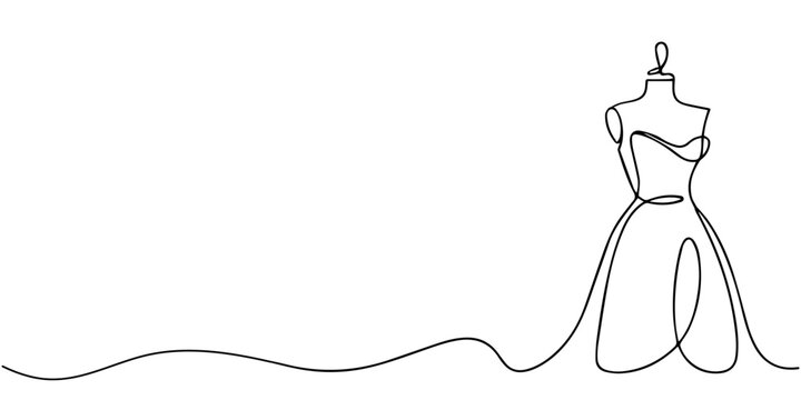 Dressed dummy with one line of continuous line art. Illustration of modern outline design, Dummy with dress. One line continuous dummy with dress, Continuous one line drawing of dress in mannequin.