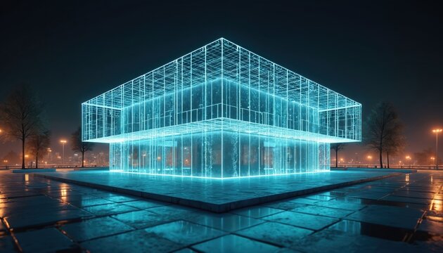 Glowing wireframe structure stands. Abstract design building model at night. Architecture urban sketch with grid lines. Futuristic construction glows with led lights in dark town. Tech blueprint - Powered by Adobe