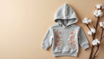 Light blue kids hoodie with floral embroidery and cotton branches on beige background. Soft textile, eco friendly garment, minimalist studio shot for children wear. Organic clothing design.