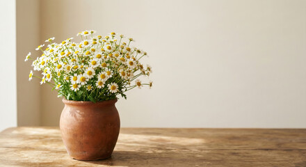 Bouquet of fresh white chamomile flowers in clay pot on wooden table with sunlight shadows.