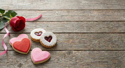Valentine's day background with heart shaped cookies and red rose on rustic wooden table with copy space.