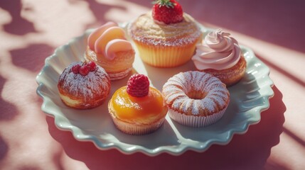 A delightful assortment of pastries and cupcakes. Bright colors create an inviting mood. Perfect for dessert lovers and food photographers. Generative AI